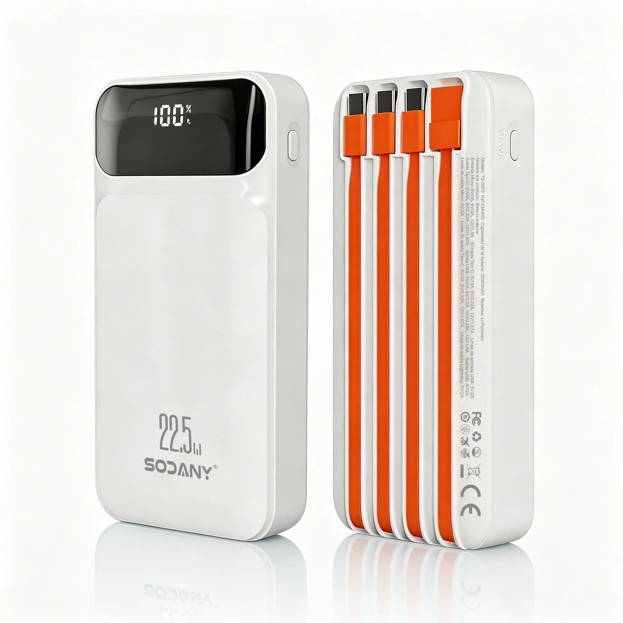Power Bank White 20000mAh – 22.5W Fast Charging | 4 Integrated Cables With LCD Screen