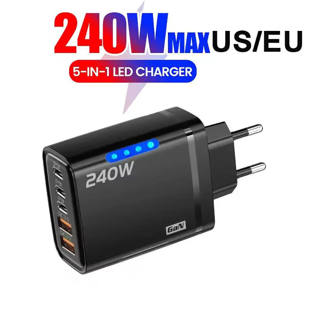 UGREEN GaN Wall Charger – 240W | 5 In 1 USB-C And USB-A Ports, EU/US Plug, Fast Charge