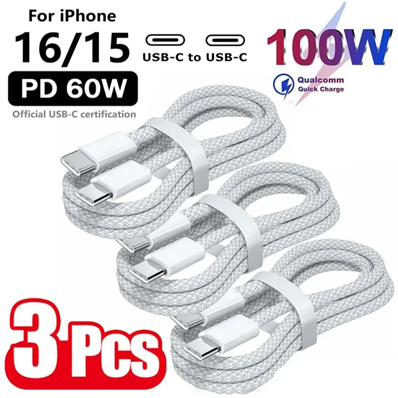 USB-C To USB-C Cable Premium Durable Nylon Braided – 100W Fast Charging | 3-Pack