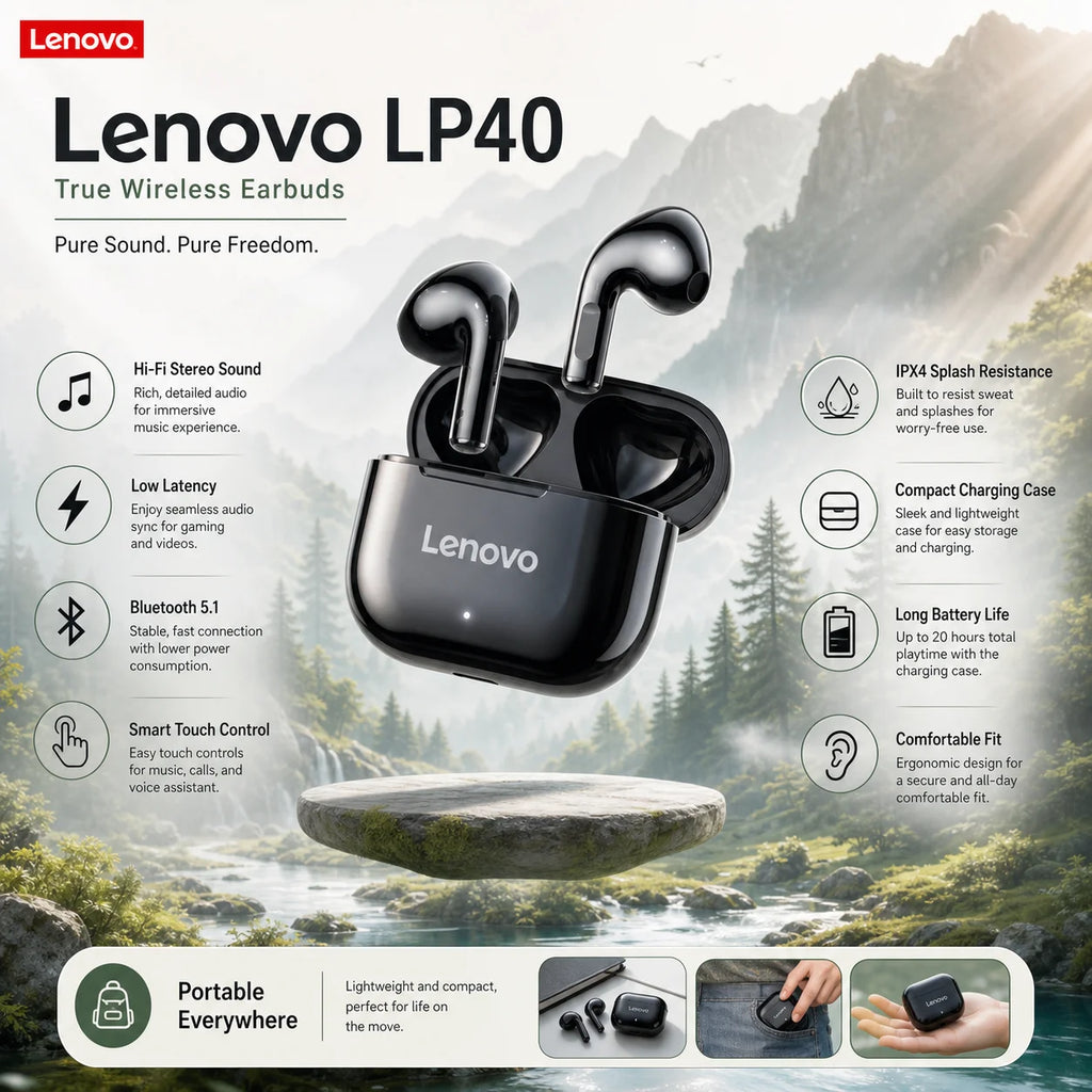 Lenovo LP40 Bluetooth Earphones – Active Noise Cancellation | 35 Hours Total Battery