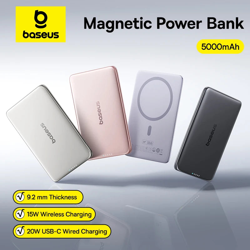 Baseus Magnetic Power Bank – 5000mAh | 15W Wireless, 20W Wired, Ultra Slim Card-Sized