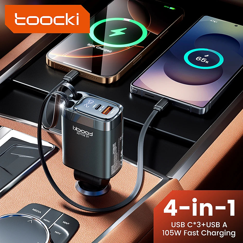 4-In-1 Retractable Car Charger – 105W Fast Charge | USB-C Cable For iPhone 16 And 15