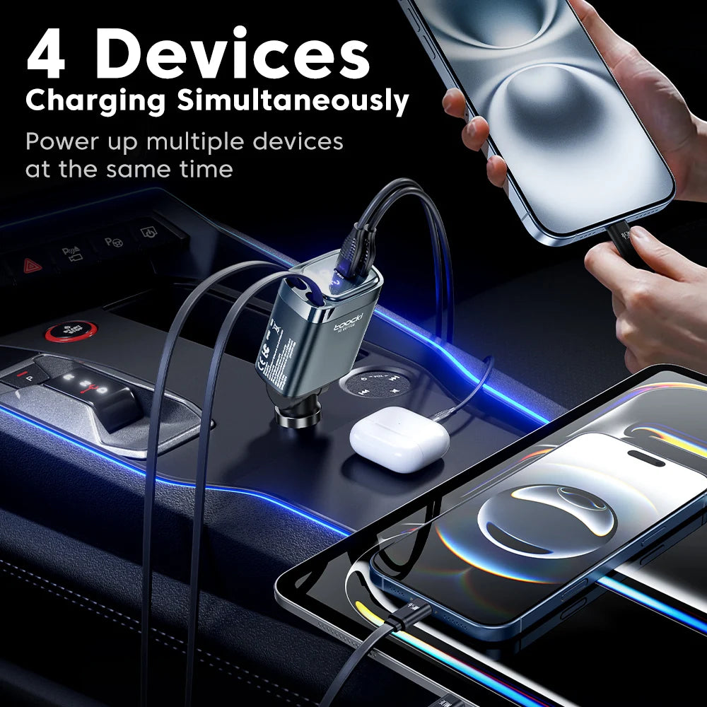 4-In-1 Retractable Car Charger – 105W Fast Charge | USB-C Cable For iPhone 16 And 15