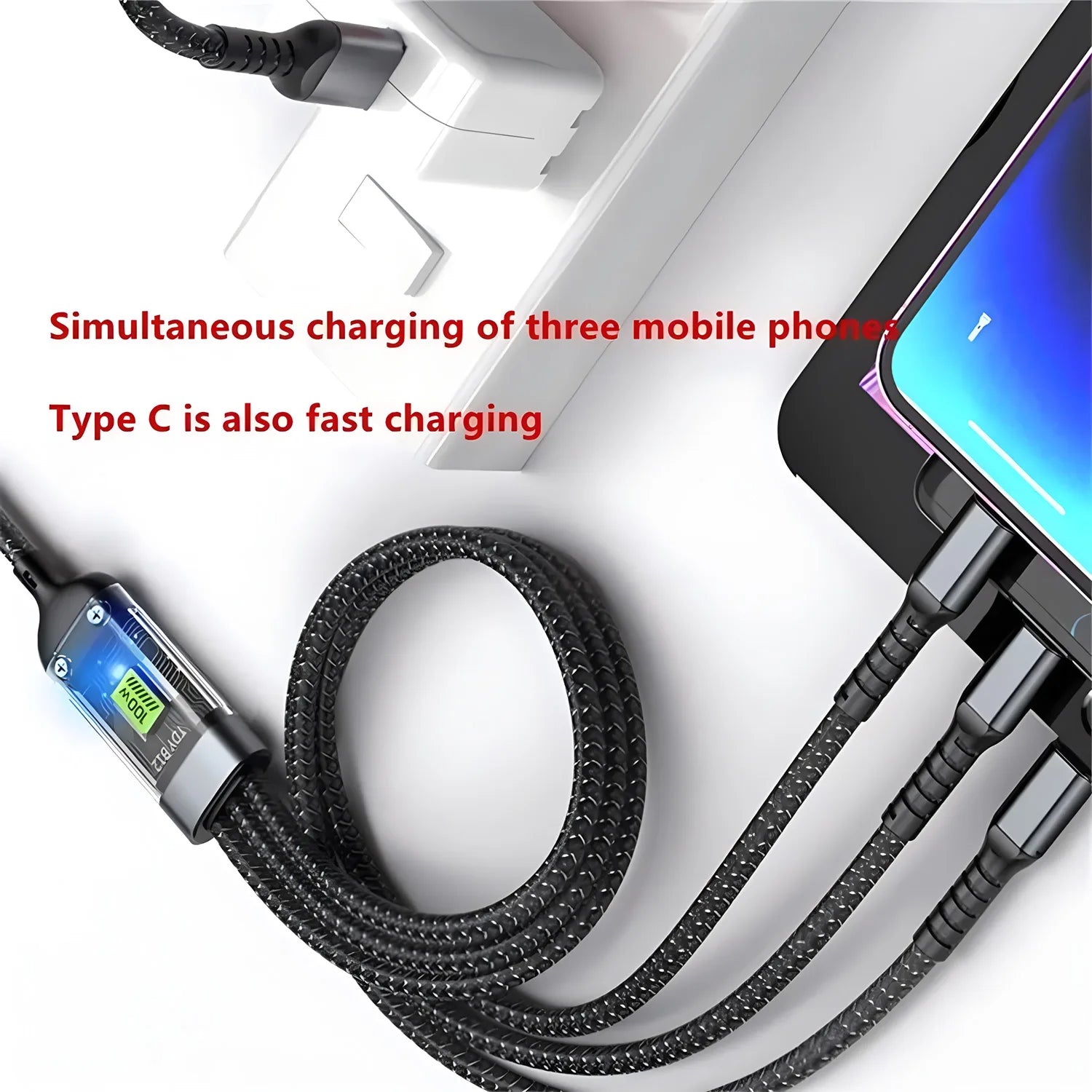 3-In-1 USB Cable – 100W Fast Charging | Nylon Braided USB-A, USB-C, Micro USB