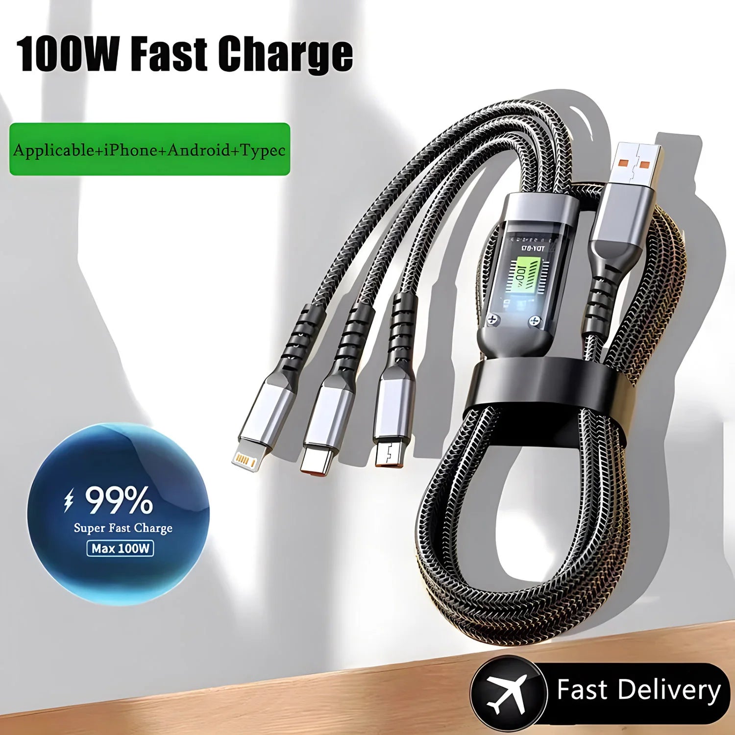 3-In-1 USB Cable – 100W Fast Charging | Nylon Braided USB-A, USB-C, Micro USB