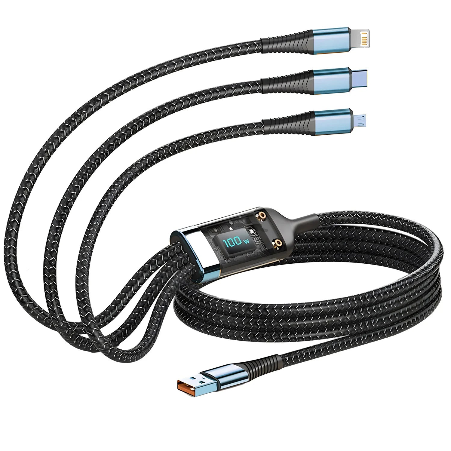 3-In-1 USB Cable – 100W Fast Charging | Nylon Braided USB-A, USB-C, Micro USB