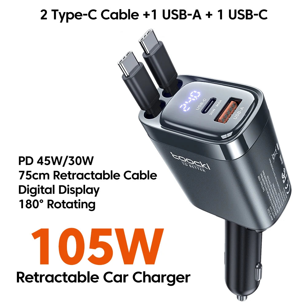 4-In-1 Retractable Car Charger – 105W Fast Charge | USB-C Cable For iPhone 16 And 15