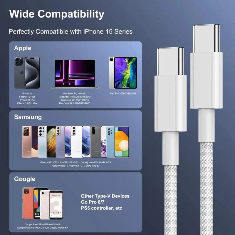 USB-C To USB-C Cable Premium Durable Nylon Braided – 100W Fast Charging | 3-Pack